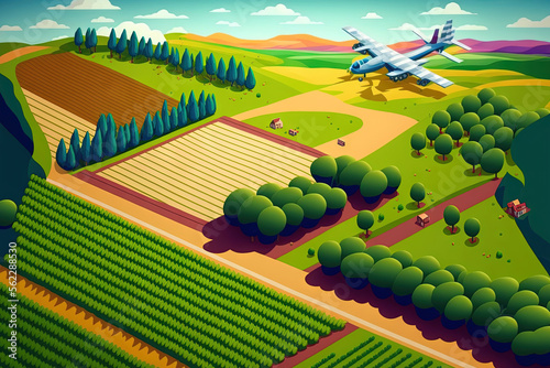 Aerial drone view flight over different agricultural fields sown. Generative AI