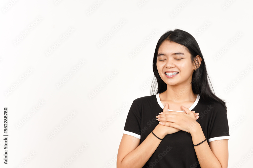 Hands on Chest Grateful Gesture Of Beautiful Asian Woman Isolated On White Background Hands on Chest Grateful Gesture Of Beautiful Asian Woman Isolated On White Background