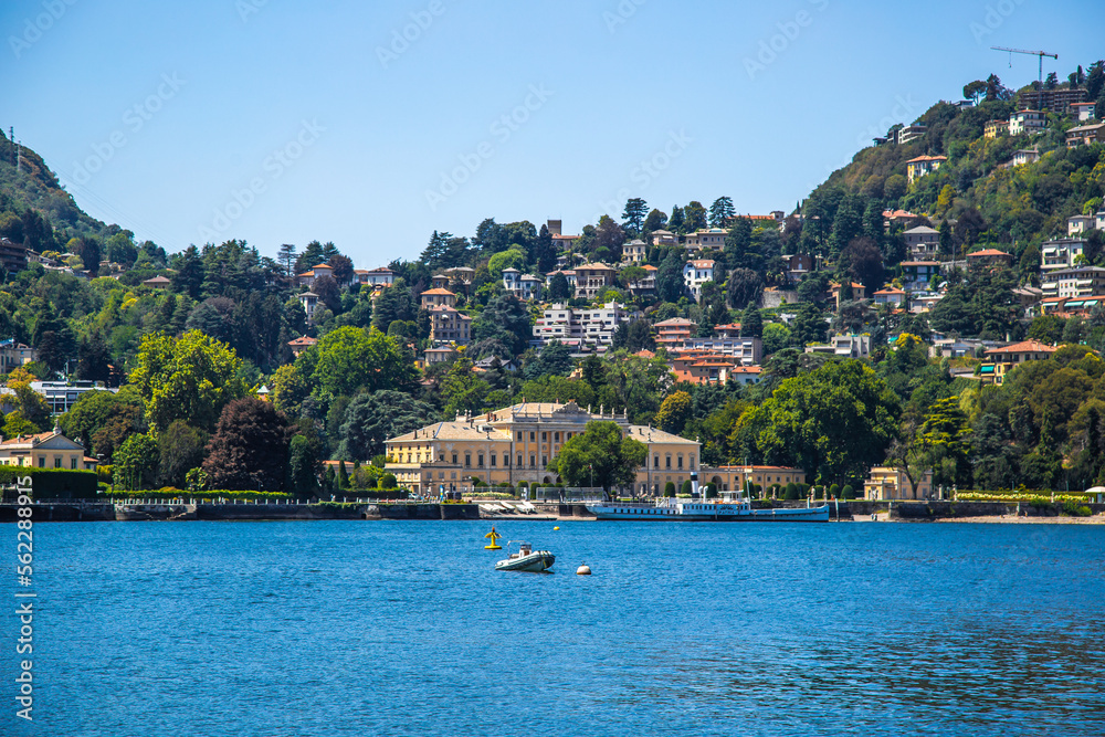Street and lake views of Como city at the southern tip of Lake Como in northern Italy