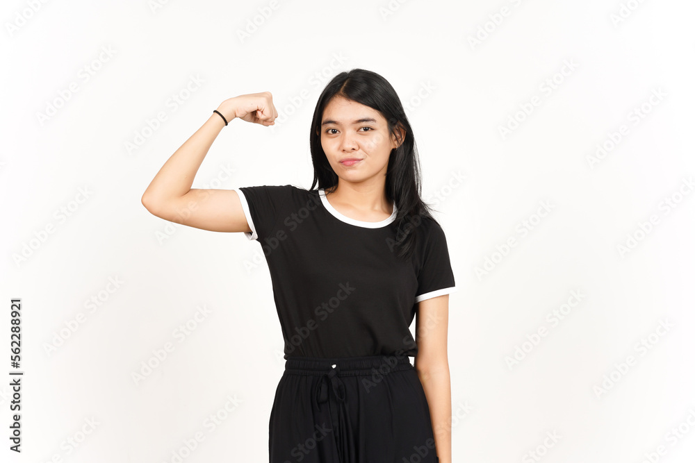 Showing strength and rise arms Of Beautiful Asian Woman Isolated On White Background Showing strength and rise arms Of Beautiful Asian Woman Isolated On White Background