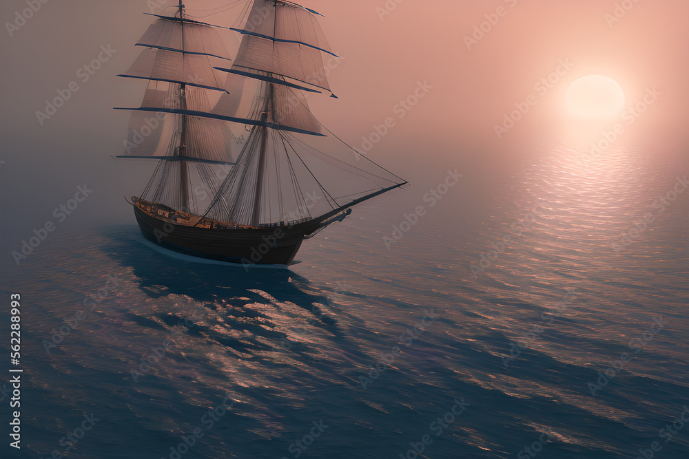 Obraz premium ultra realistic sailing ship, beautiful light, pale sunrise, cinematic lighting generative ai