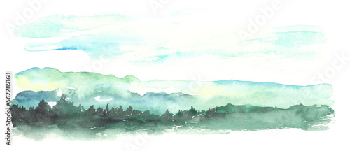 水彩で描いた田舎の山々と森林の風景イラスト 