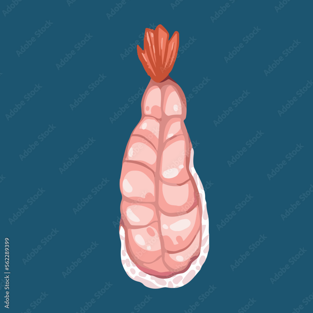 Shrimp nigiri sushi. Japanese food vector illustration isolated on blue background. Cuisine drawing with cartoon simple flat art style and colors. Shrimp nigiri sushi. Japanese food vector illustration isolated on blue background. Cuisine drawing with cartoon simple flat art style and colors.