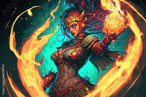 Fantasy action illustration of a witch sorceress warrior attacking with fire chains. Generative AI