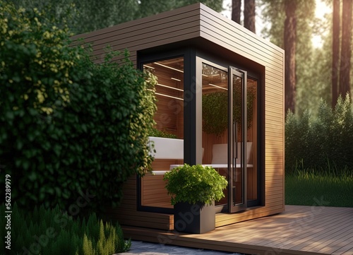 illustration of outdoor sauna cabin with nature green garden, Generative Ai 