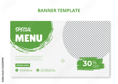 Restaurant food menu social media marketing web banner. Pizza, burger or hamburger online sale promotion video thumbnail. Fast food website background. Food flyer with logo and business icon.