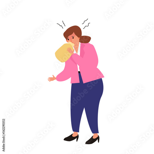 woman  panic attack stress breathing paper bag vector illustration
