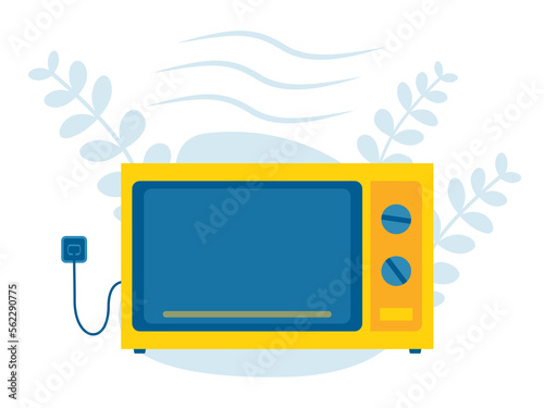 Flat illustration of microwave. Microwave oven vector isolated icon. Microwave oven and flora background. 