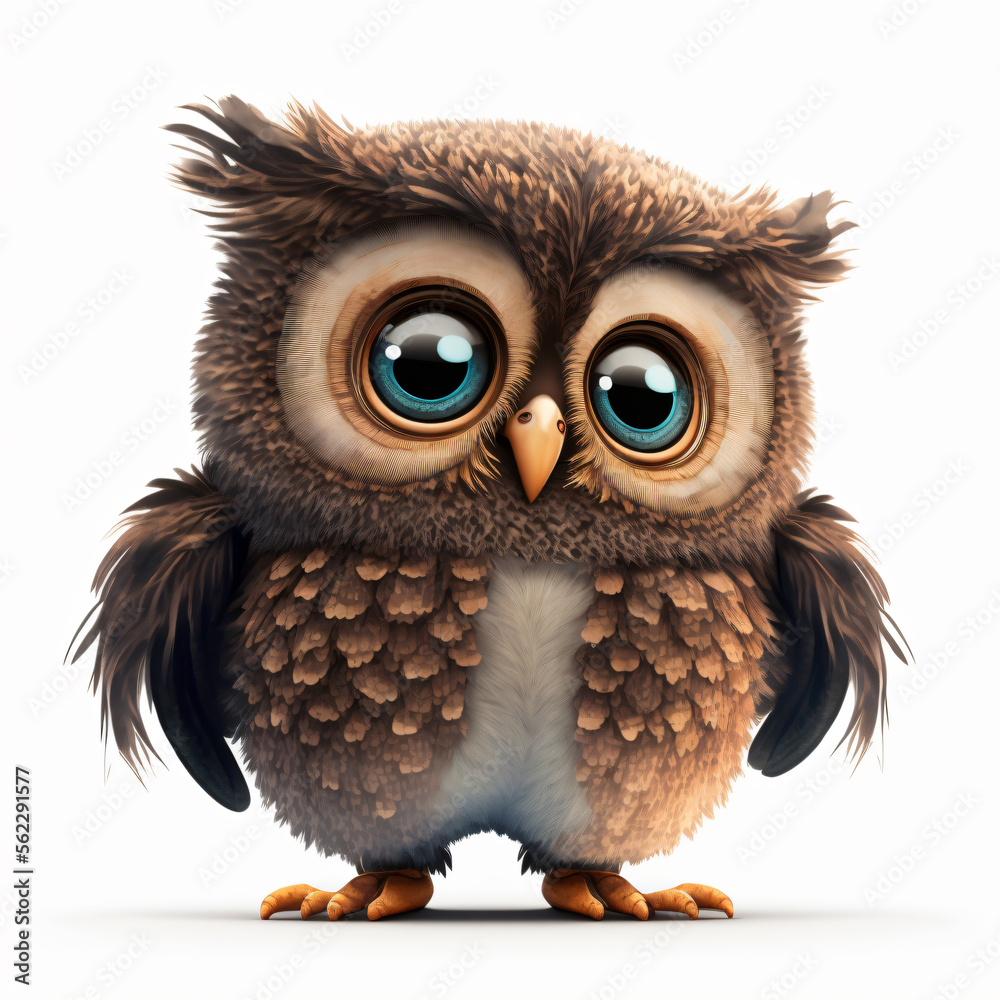 Fototapeta premium Cute Owl Cartoon Isolated On White Background With Wings At Its Side Looking Forward. Made With Generative AI.