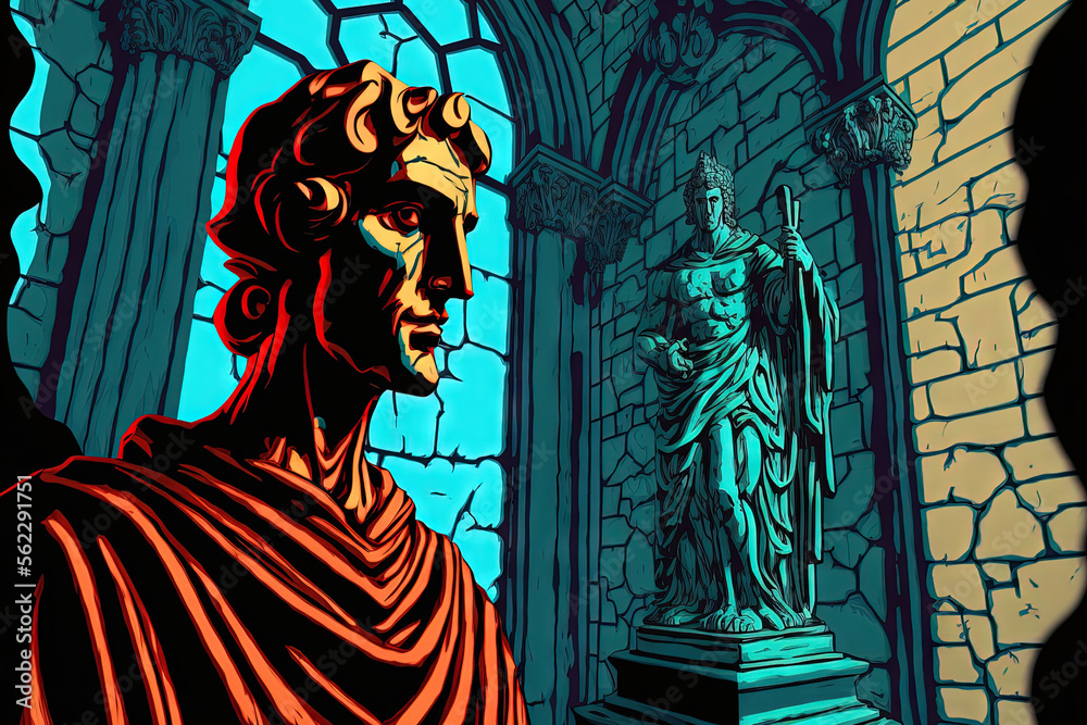 Fototapeta premium digital painting with a sculpture of a human face and a figure in a robe standing beneath an archway. Generative AI