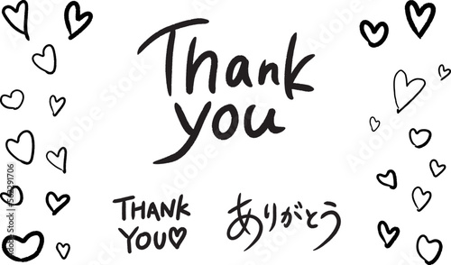 Thank you。ありがとう。手書き文字とハートのイラストセット。日本語でありがとうの文字。（モノクロ）