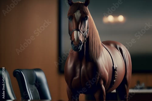 chestnut mare standing in front of a boardroom table, representing the power and success of business leaders (AI Generated) © zhOngphO