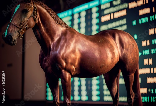 brown horse standing in front of a stock ticker display, symbolising the power and success of financial leadership (AI Generated)