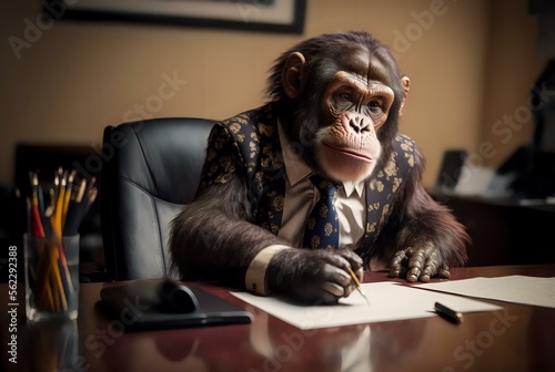 monkey wearing a suit and tie, sitting at a desk with a pen in hand, symbolising the power and success of business leadership (AI Generated)