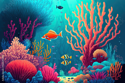 The red sea's bottom is home to exotic fish species and colorful coral. a lovely natural background for summer. Generative AI