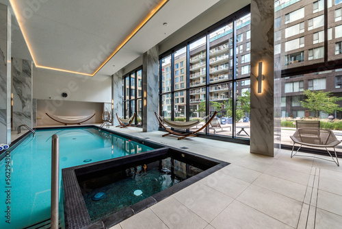 Luxury modern apartment in condominium in Montreal perfectly staged and furnished with amentinites common areas swimming pool, rooftop, terrace, gym, garden and city views © Anatoli