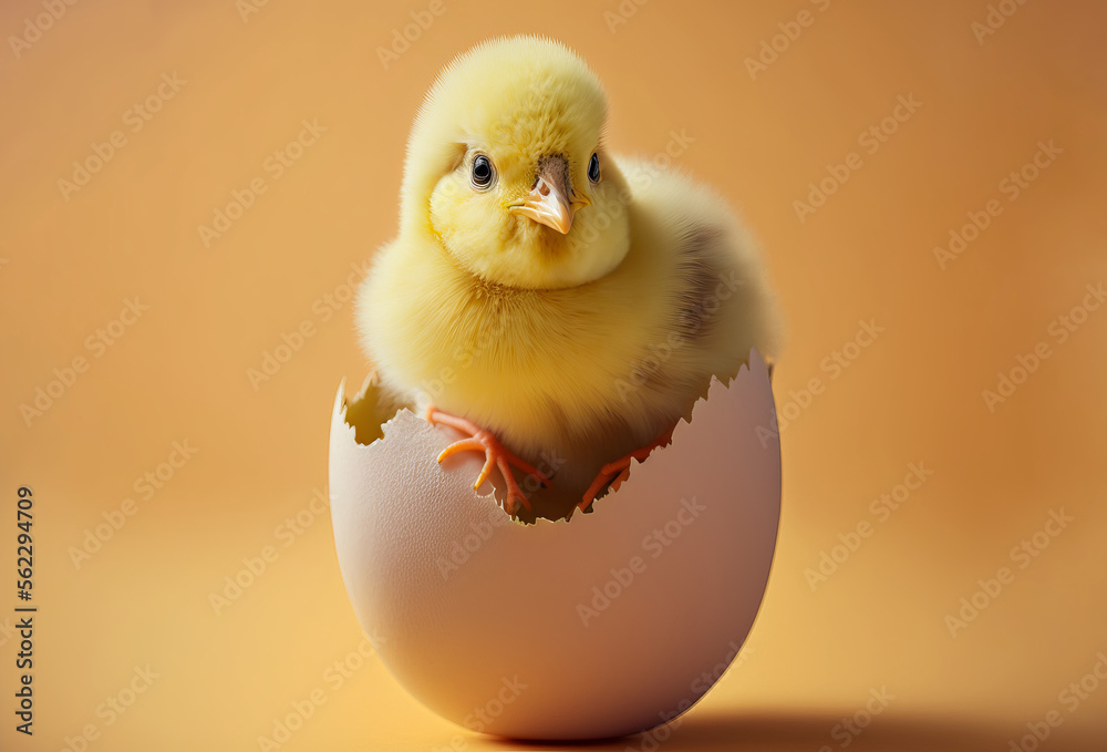 Cute baby chick in an egg shell. Spring and easter background. Generative ai Cute baby chick in an egg shell. Spring and easter background. Generative ai