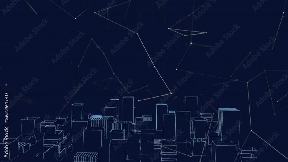 Animation of digital city over network of connections on black background Animation of digital city over network of connections on black background