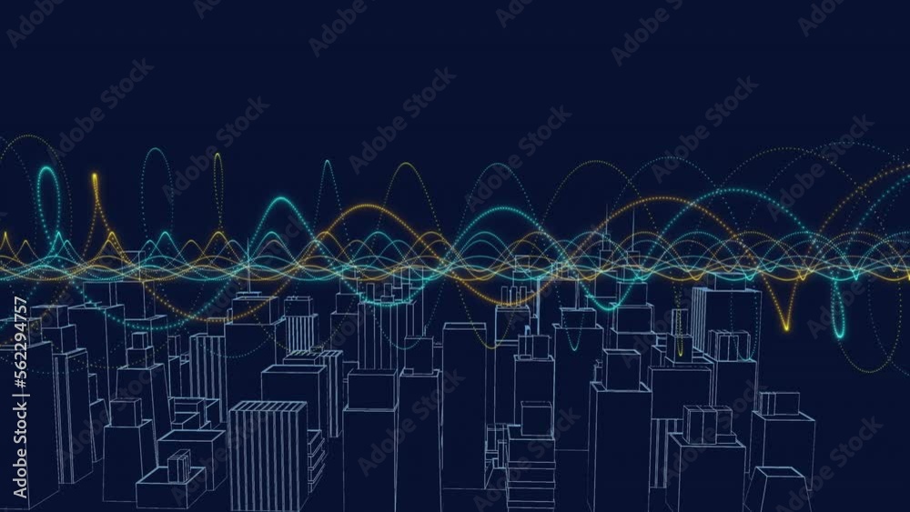 Animation of digital city over light trails on black background Animation of digital city over light trails on black background