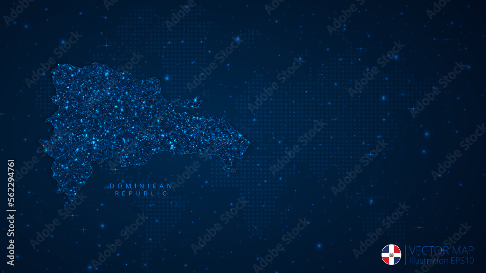 Map of Dominican Republic modern design with polygonal shapes on dark blue background. Business wireframe mesh spheres from flying debris. Blue structure style vector illustration concept