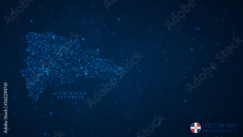 Map of Dominican Republic modern design with polygonal shapes on dark blue background. Business wireframe mesh spheres from flying debris. Blue structure style vector illustration concept photo