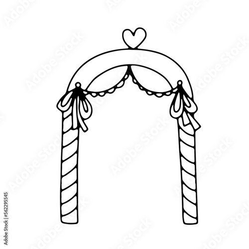 Traditional wedding arch with heart. Vector line doodle illustration isolated on white