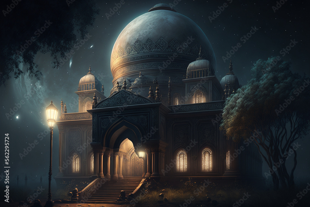 Fototapeta premium A painting of a mosque at night with beautiful sky, Generative AI