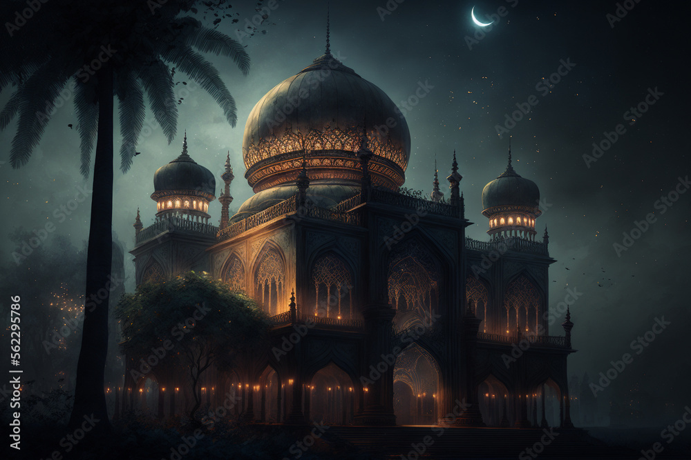 A painting of a mosque at night with beautiful sky, Generative AI