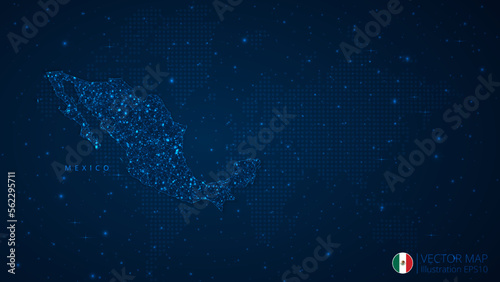 Map of Mexico modern design with polygonal shapes on dark blue background. Business wireframe mesh spheres from flying debris. Blue structure style vector illustration concept