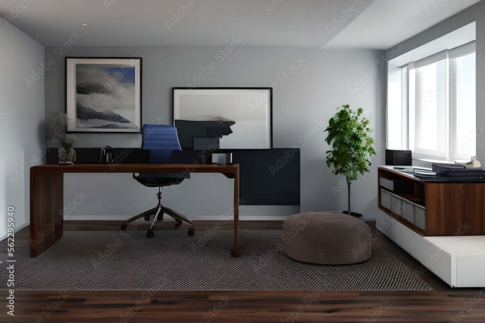 Oficina en casa minimalista con puff