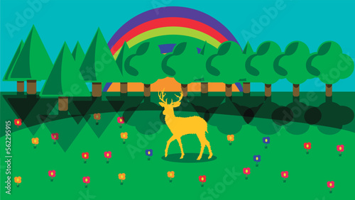Fototapeta Naklejka Na Ścianę i Meble -  Venado en un campo de flores con bosque y arcoíris de fondo. Concepto de Primavera