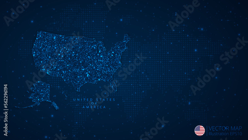 Map of United States of America modern design with polygonal shapes on dark blue background. Business wireframe mesh spheres from flying debris. Blue structure style vector illustration concept