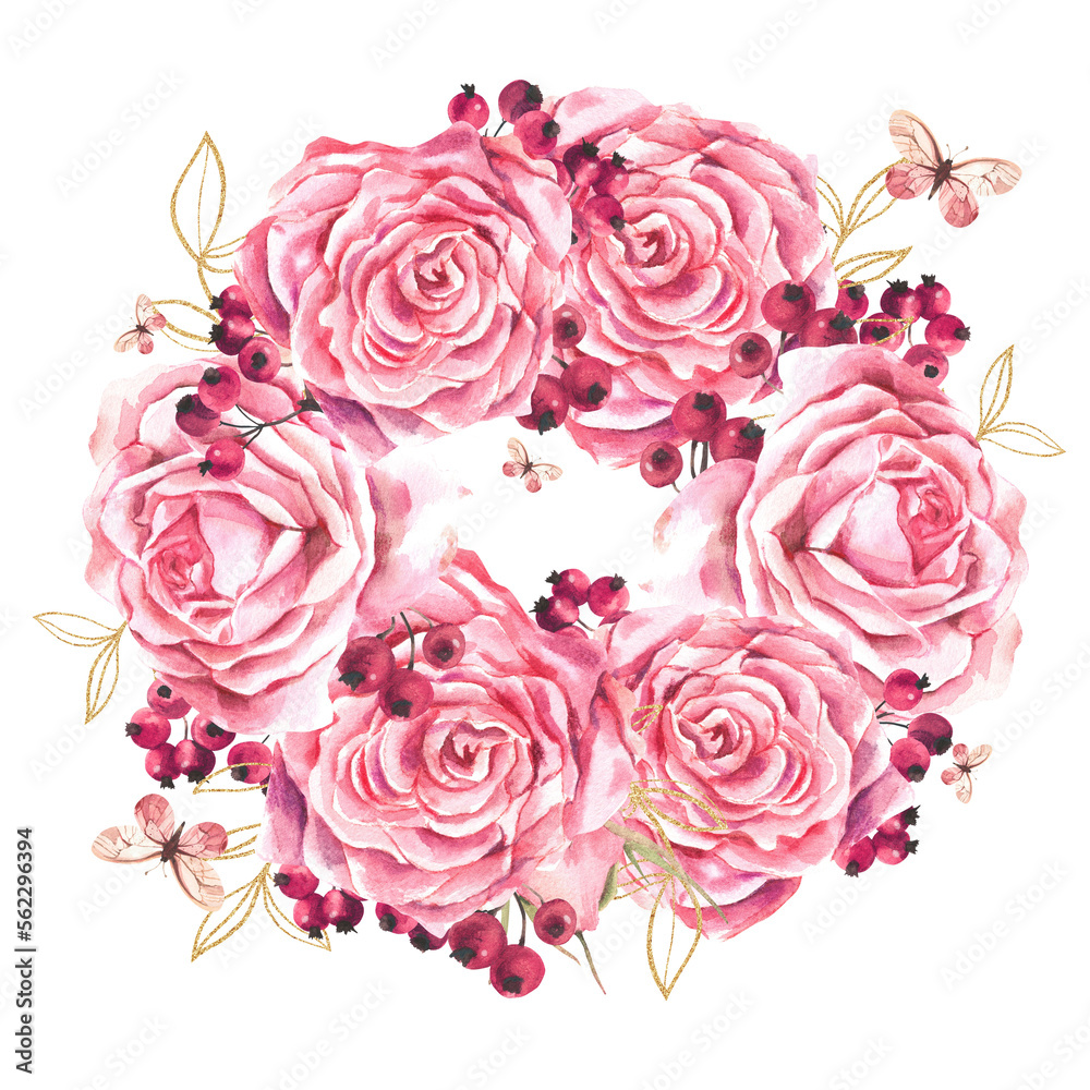 Round composition of pink roses, berri?s, golden branches and butterflies on a white background. Watercolor illustration.