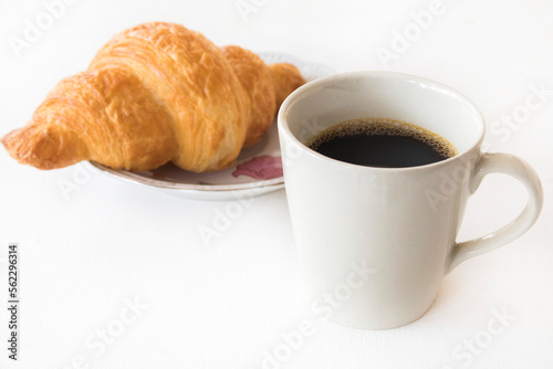 hot coffee espresso with croissant dessert snack arrangement flat lay style on background white 
