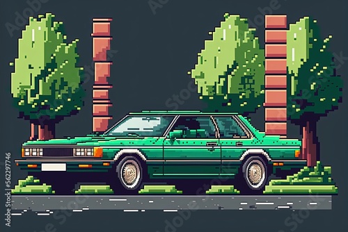 Pixel art old car, background in retro style for 8 bit game, Generative AI