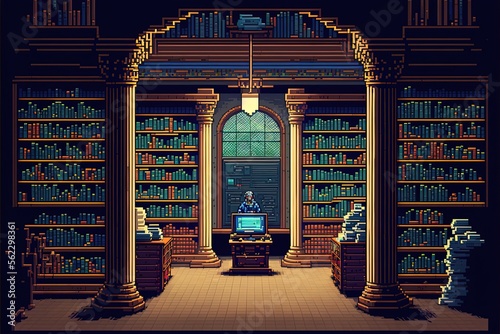 Pixel art old library, book library, background in retro style for bit game, Generative AI