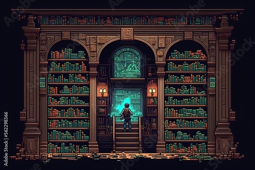 Pixel art old library, book library, background in retro style for bit game, Generative AI