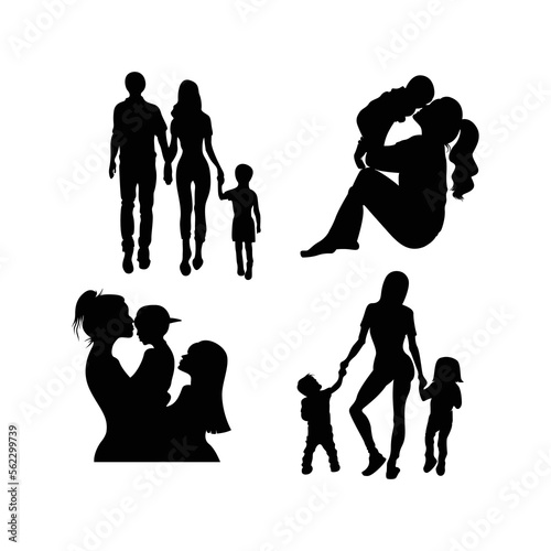 Family photo on silhouette style illustration vector mom and son, mom and daughter, brother and sister template editable