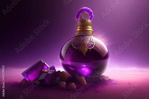 purple Bottle containing imortality liquid.generative Ai. photo