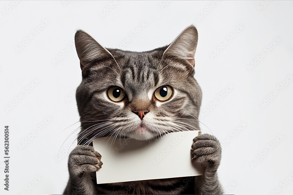 Illustration of a cute and funny cat holding a sign. Text space. Generative ai