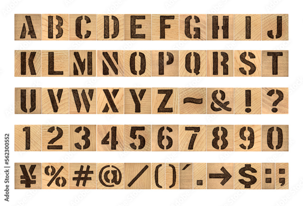 Φωτογραφία 木製アルファベットと数字のステンシルフォント、大文字スタンプのセット