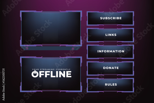 Live broadcast or streaming overlay panels with an offline screen vector. Streaming screen panel decoration with yellow and purple colors. Live icon elements decoration vector for gamers.