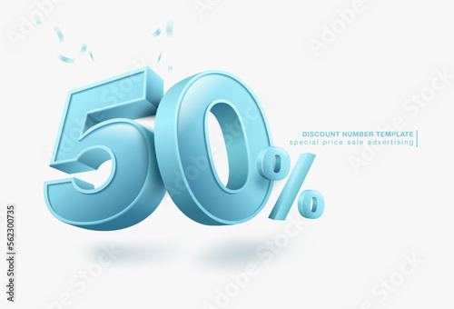 50% discount template, 3D letters, used for promotional advertisements in special sales. Isolated on white background. Realistic vector file.