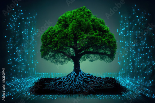 Tree with soil growing on computer.Generative AI