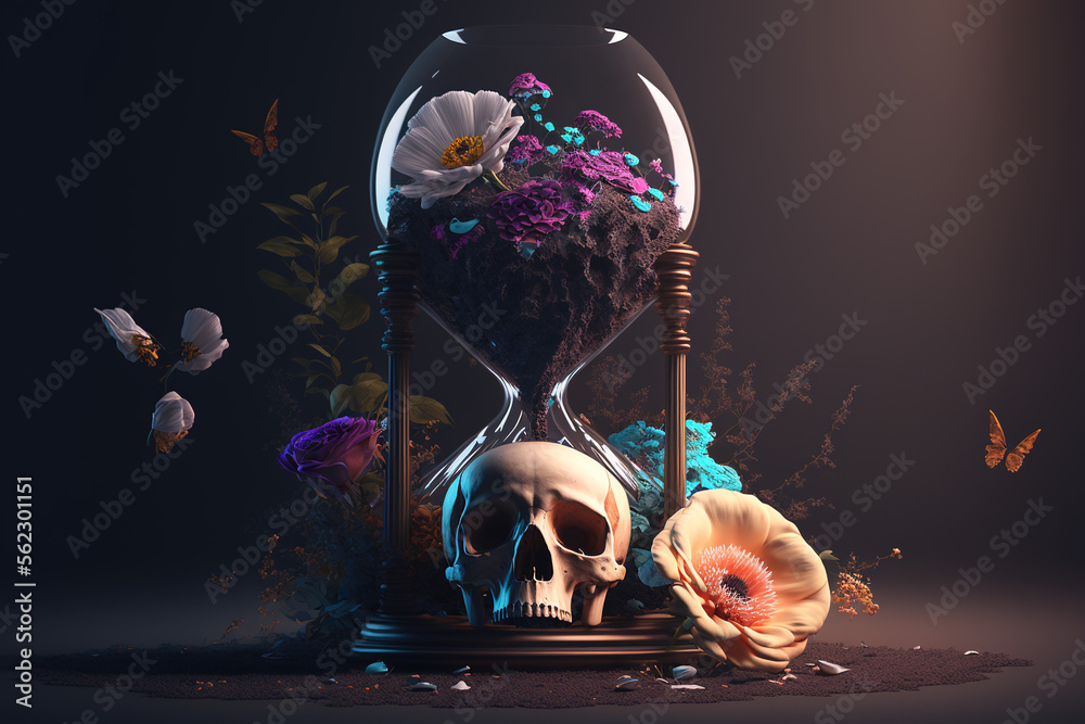 Memento mori is symbolized as a skull inside an hourglass with a flower