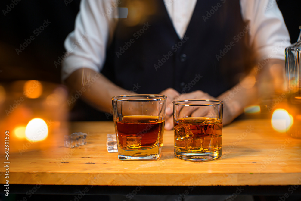 Bartender Serve Whiskey, on wood bar, Bartender Serve Whiskey, on wood bar,