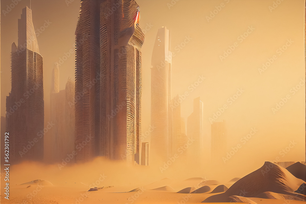 illustration of city flooded with yellow sand drought and apocalypse. ai