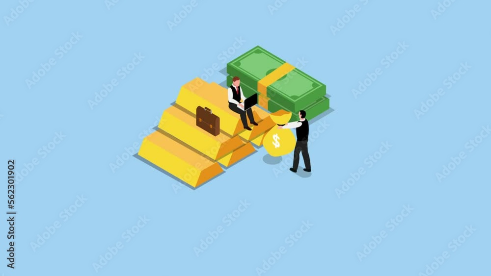 Gold trading - Businessman with laptop sitting on stack of gold bar Gold trading - Businessman with laptop sitting on stack of gold bar