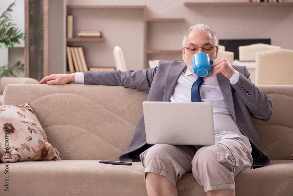 Old male employee working from home during pandemic Old male employee working from home during pandemic