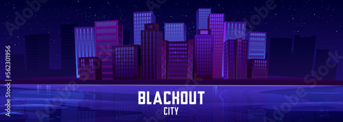 Blackout city, electricity outage at night. Skyline with skyscrapers and houses silhouettes on river or lake coast. Dark cityscape with blackout buildings, vector cartoon illustration